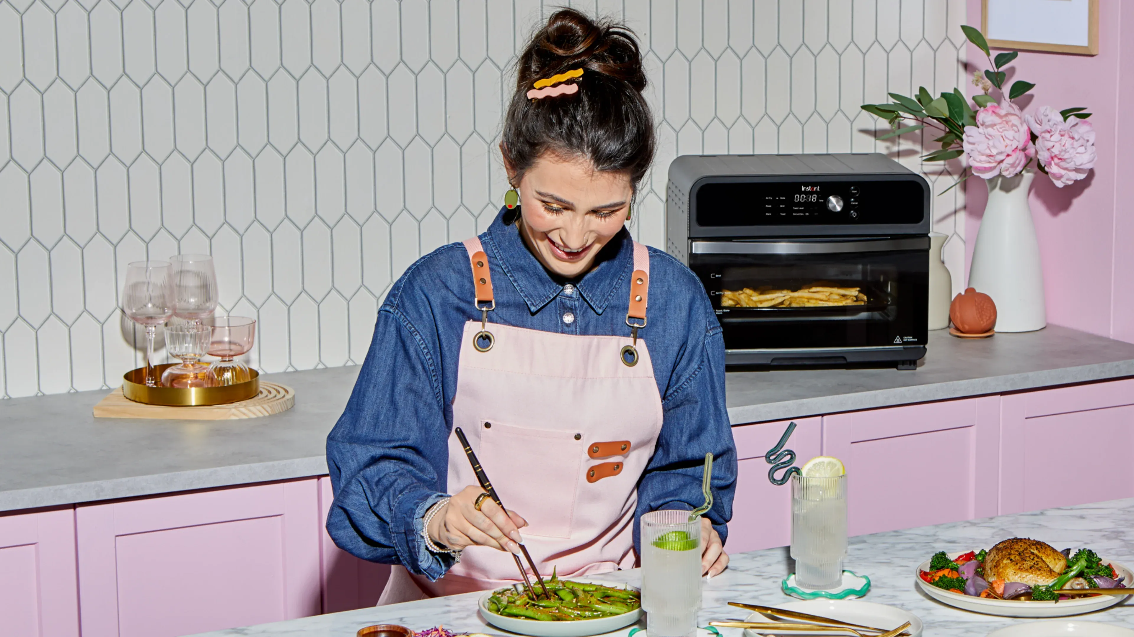 Woman cooking in kitchen.