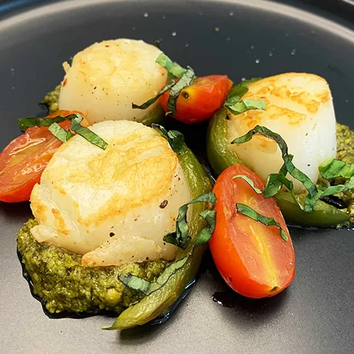 Seared-Scallops-with-Pesto-and-Pan-Roasted-Bell-Peppers